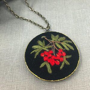 Round Hand Embroidered Red Nandina Berries and Branches Pendant Necklace